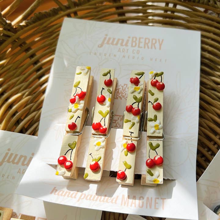 3D Cherry Dreams - Magnetic Hand Painted Clothespin set for wholesale by Juniberry Art Co
