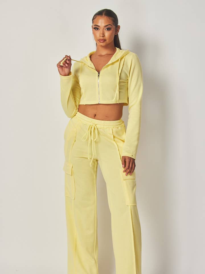 Joana Strikket Hættetrøje Crop Top & Cargo Bukser Sweat Sæt HDC33032 for engroshandel hos Hot & Delicious