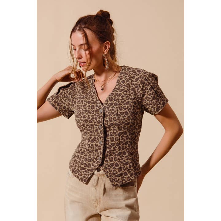 Vintage Leopard Twill Button Front Top With Puff for wholesale by IVE