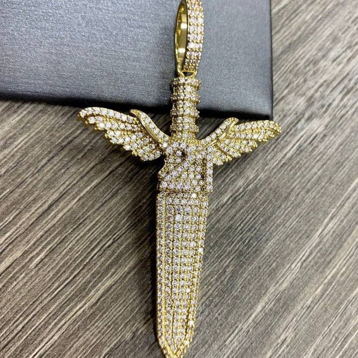 DIJU Jewelry - Wholesale - 18k Gold Filled Micro Pave Cubic Zirconia Iced Out Sword with Wings Pendant, Hip Hop, Men's Jewelry, Wholesale Jewelry Making Supplies