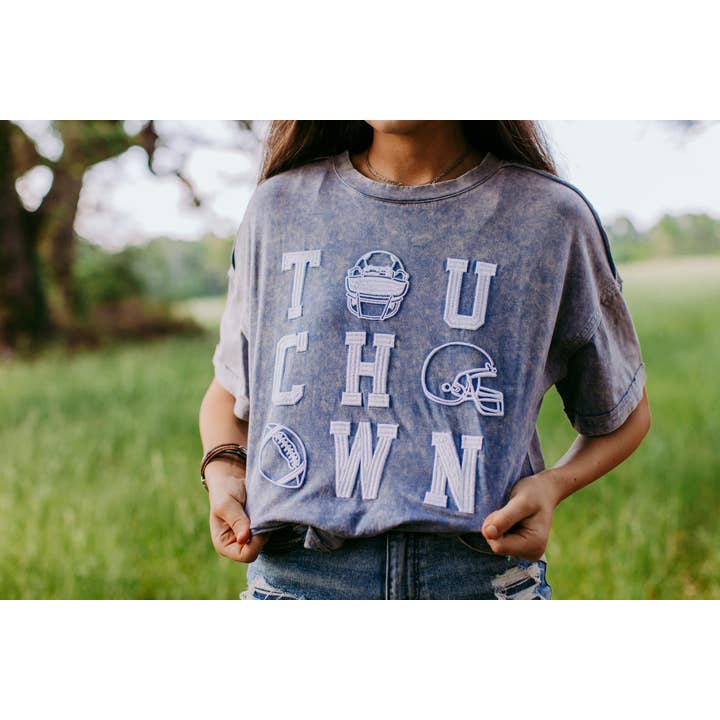 Blue MK447 Acid Washed Sequins engraved 3D Embroidery Tee for wholesale on Faire