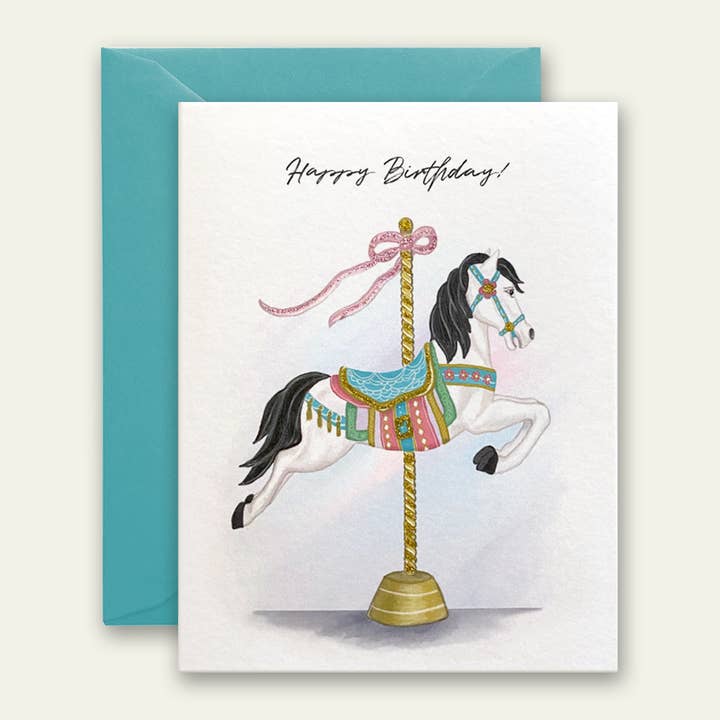 Biglietto di compleanno Carousel Horse, decorato a mano per la vendita all'ingrosso da parte di Carciofi Design