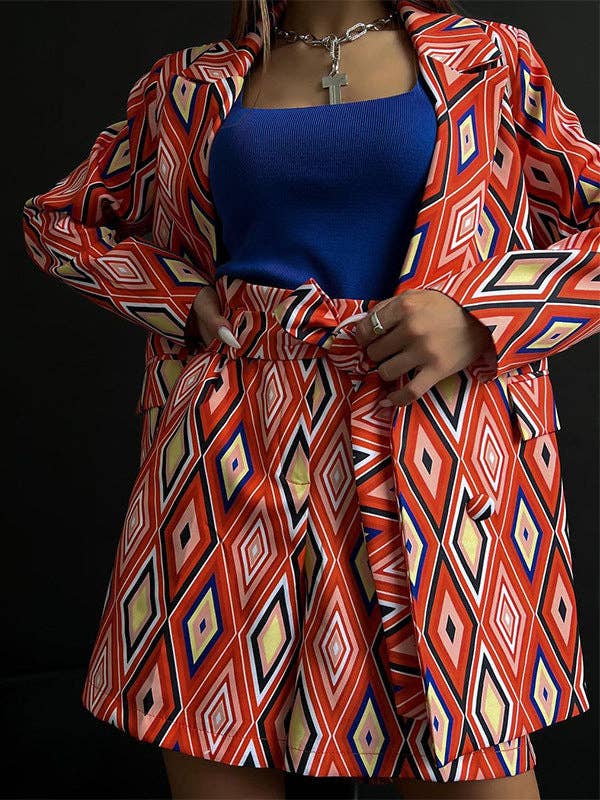 RED Long Sleeves Loose Buttoned Pockets Printed Notched Collar Blazer Top + Shorts Bottom Two Pieces Set for wholesale on Faire1