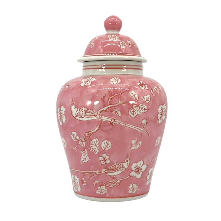Pink & White Ceramic Chinoiserie Jar 12" for wholesale by Galt International Company