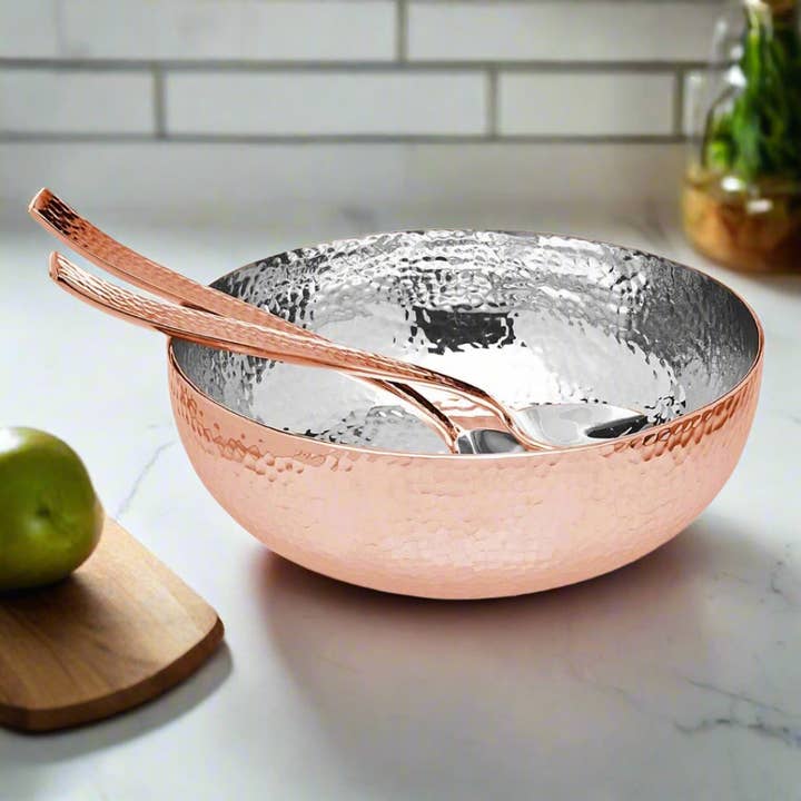 Lexi Home - Wholesale Serve Bowl - Copper Hammered Salad Bowl with Serving Spoon & Fork Set