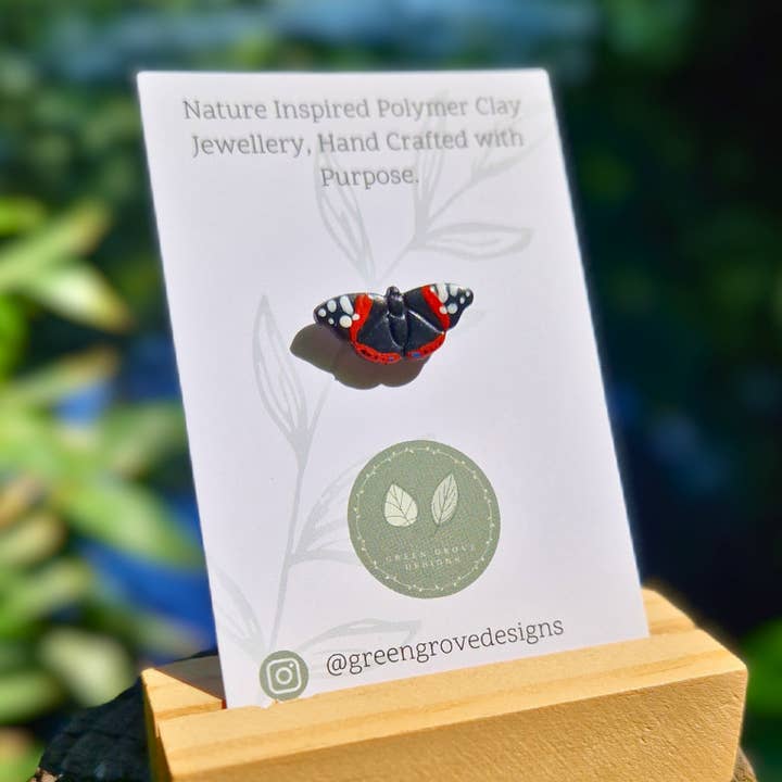 Handmade Red Admiral Butterfly Polymer Clay Pin Brooch for wholesale by Green Grove Designs