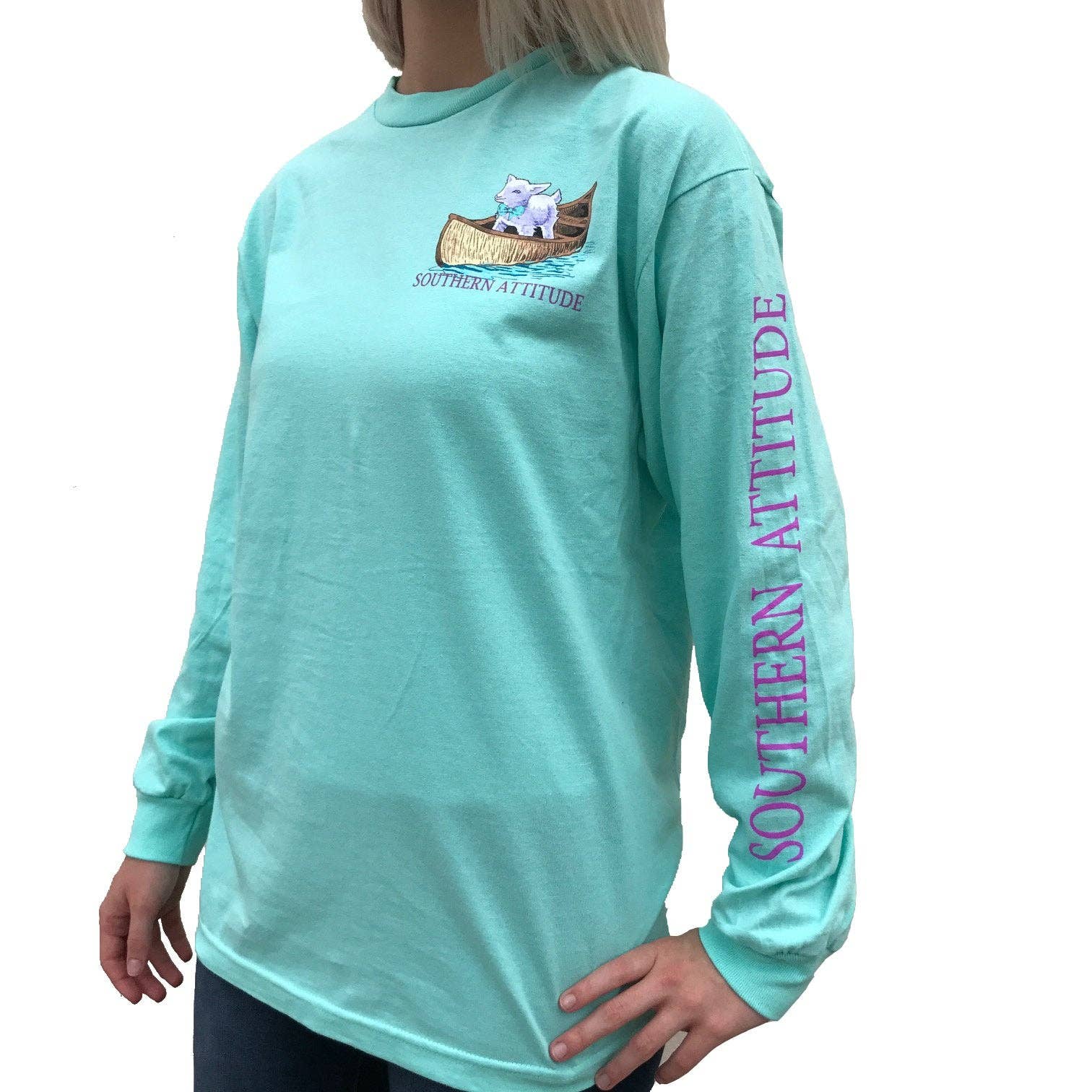 Southern Attitude - Wholesale Screen Printed T-Shirt - Women's - L-91 Goat in Boat - Sea Foam Green1