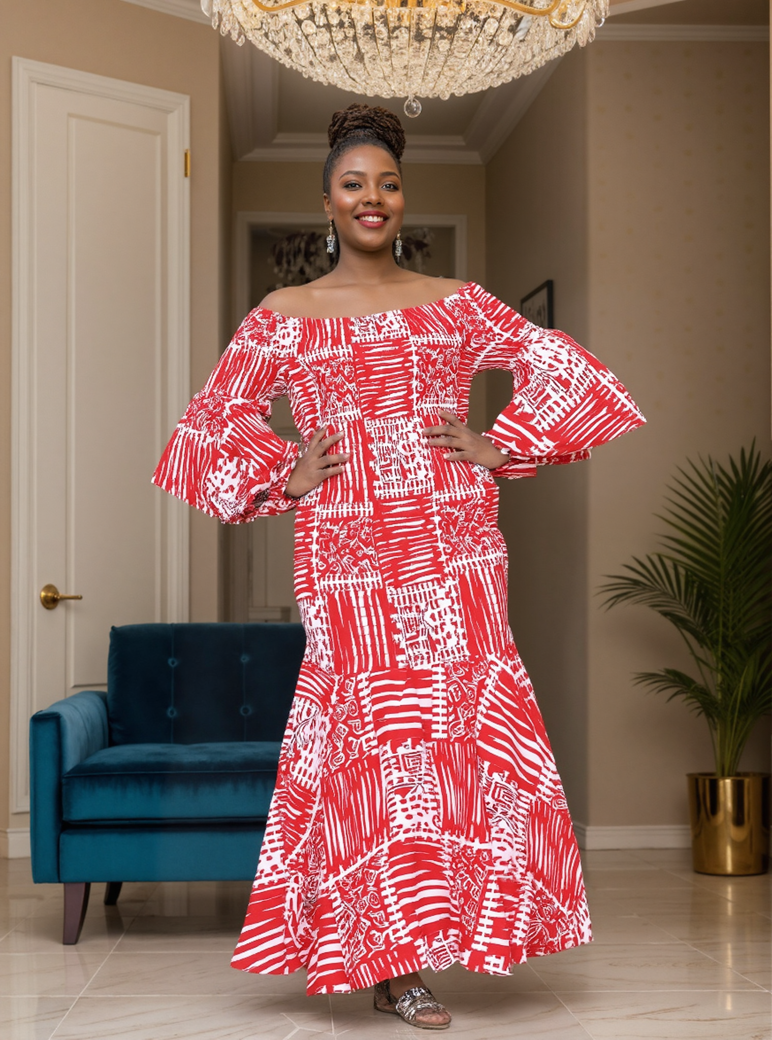 KaraChic - Wholesale Dress - Women's - Multi-Print African Off-Shoulder Sleeves African Dress 90085