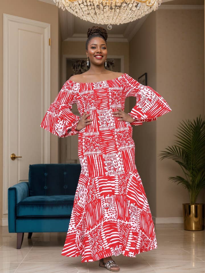 KaraChic - Wholesale Dress - Women's - Multi-Print African Off-Shoulder Sleeves African Dress 90085