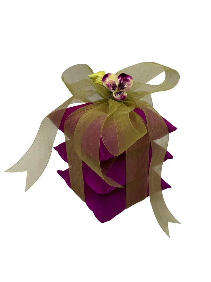 Silk Sachet 3 stack Scented Pillows Purple with green trim for wholesale by Snobby & Posh