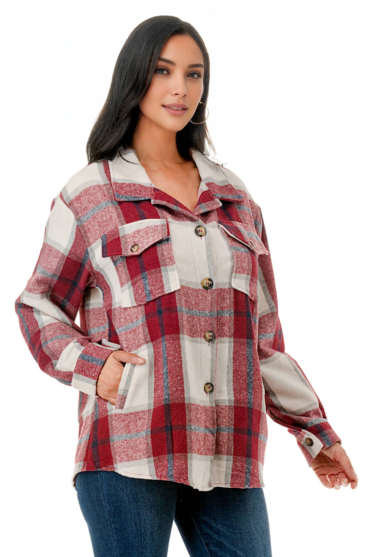 Color 5 - Wholesale Shirt Jacket/Shacket - Women's - Red plaid oversize shacket flannel jacket shirt w/pockets2