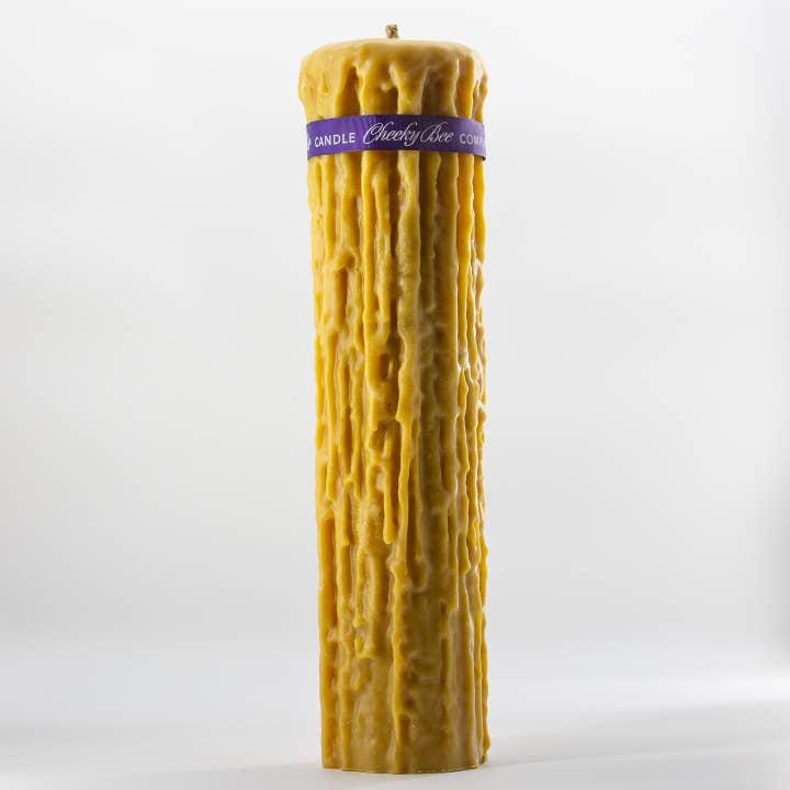 #12 – Signature Drip Pillar – Gold Beeswax Candle for wholesale by Cheeky Bee Candle Company Inc.