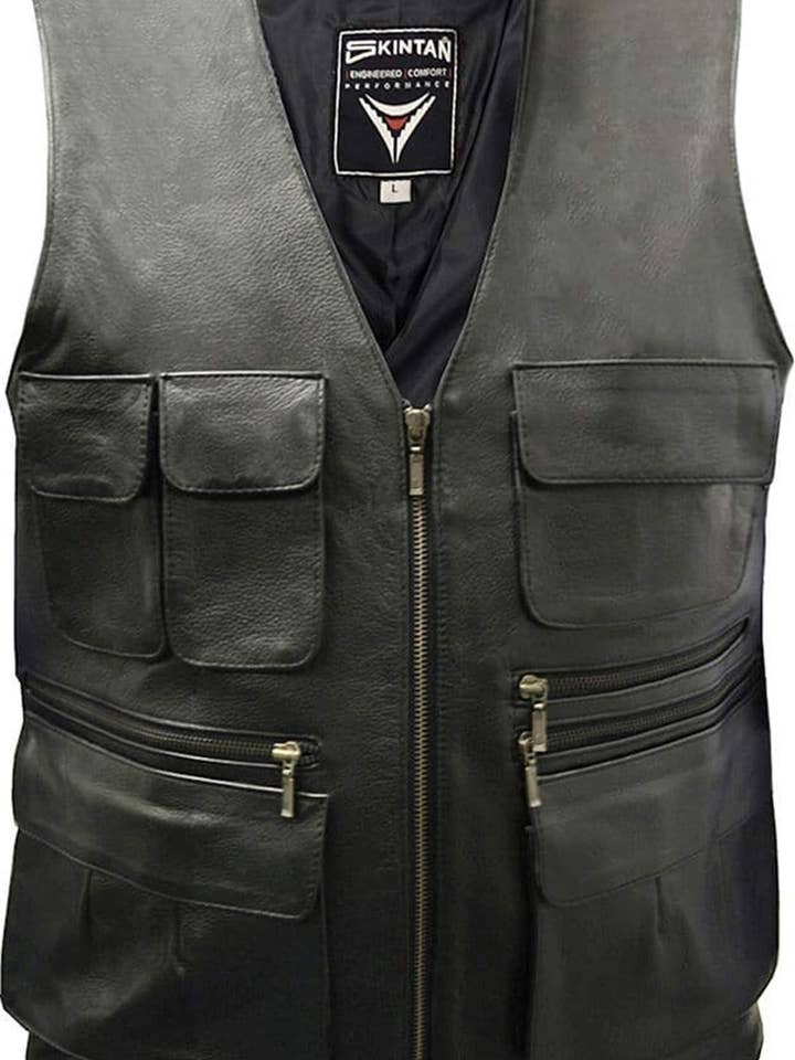 Leather Multi Pocket Motorcycle and Utility Vest - Trapper for wholesale by Skintan