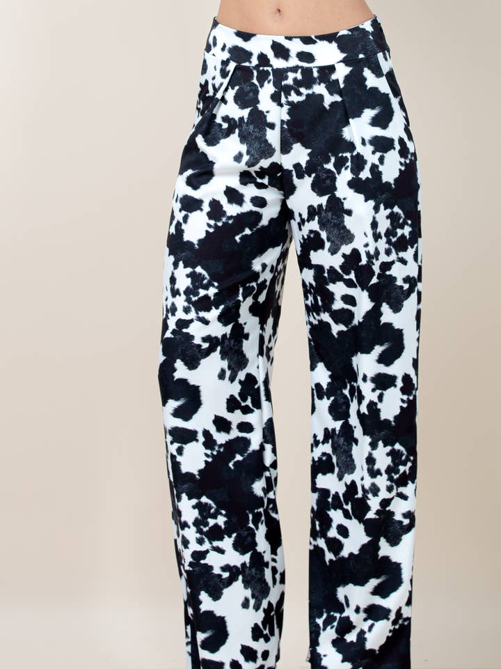 P1225-1929-Kiki Black Cow Western Print Straight Pants for wholesale by Nylon Apparel