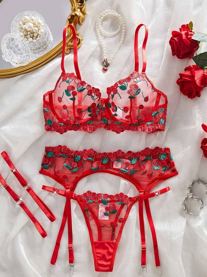 Ladies Sexy Cherry Embroidery Garter Belet 5PCS Lingerie Set for wholesale by Sweetkama