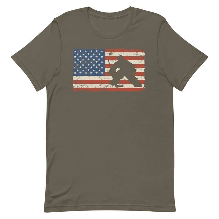 T-shirt Goalie do Hóquei do 4 de Julho com Bandeira Americana por atacado de Celly Threads Hockey