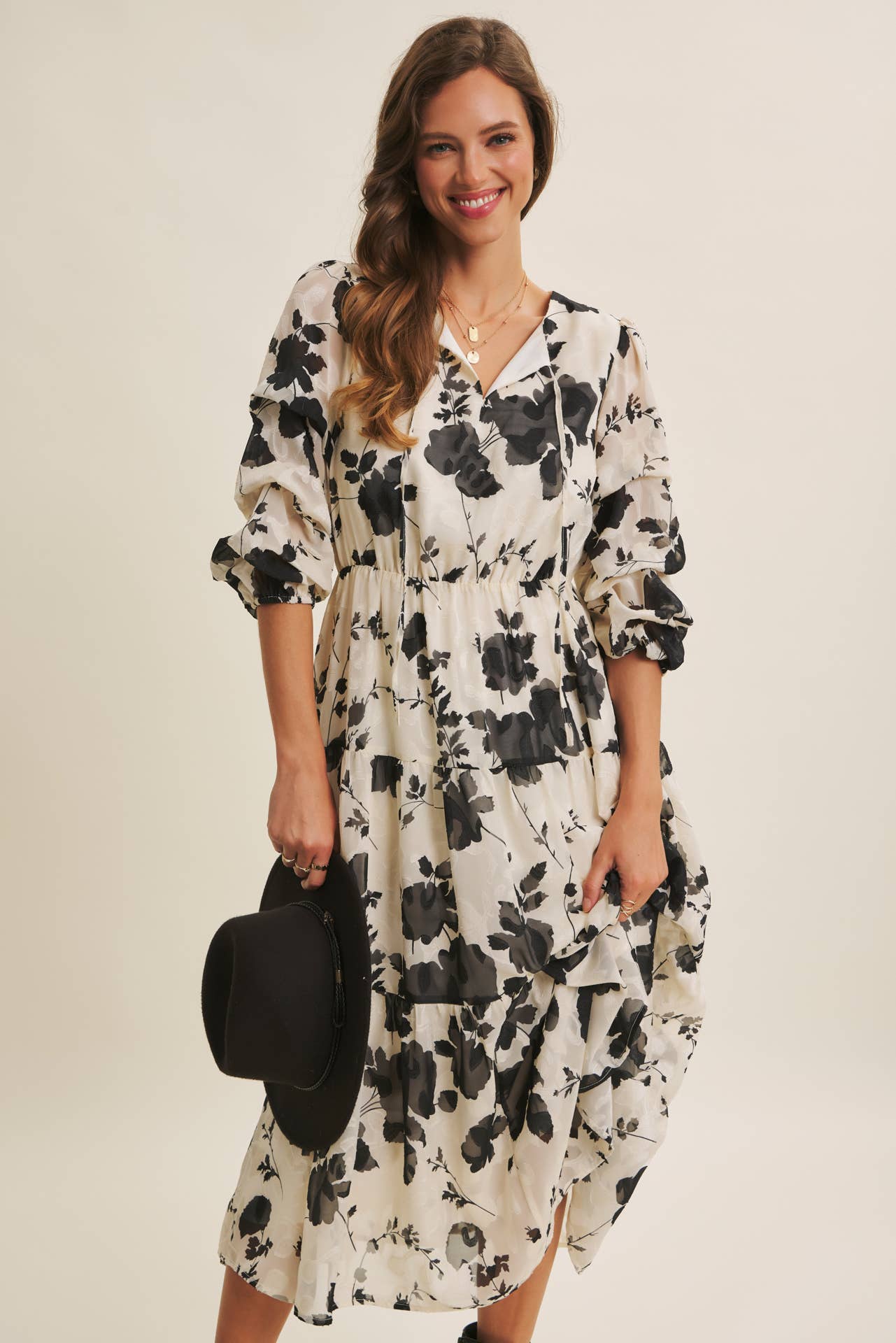 in february - Wholesale Dress - Women's - DREAMY JACQUARD FLORAL MIDI DRESS WITH STATEMENT SLEEVES26