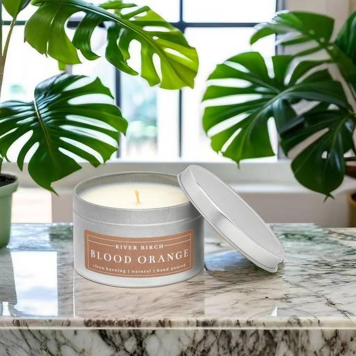 River Birch Candles - Wholesale Travel Candles - 8oz Blood Orange Soy Candle -Silver Tin - Neutral