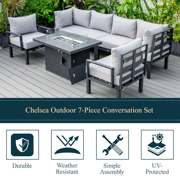 LeisureMod - Wholesale Patio Set - Chelsea 7-Piece Patio Sectional Set with Fire Pit Table55