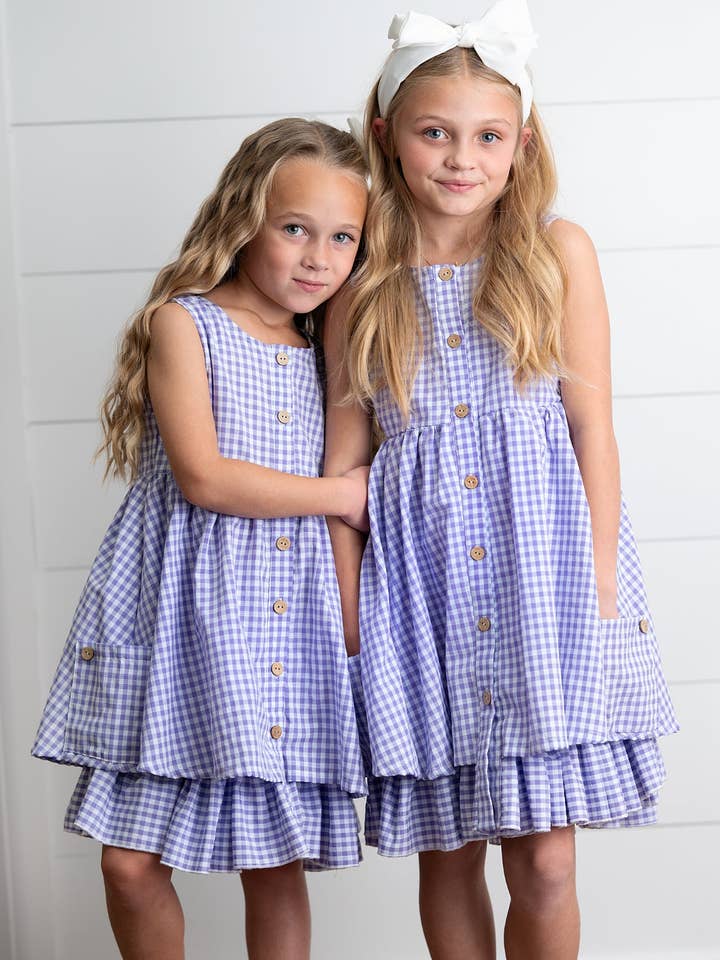 Girls Lavender & White Gingham Check Pocket Spring Dress for wholesale by Oopsie Daisy