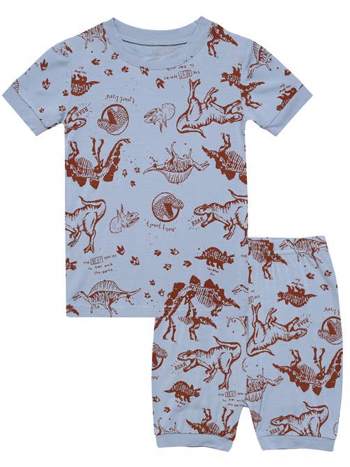 Blue Grey Dinosaur Museum Viscose Short Sleeve PJs for wholesale on Faire