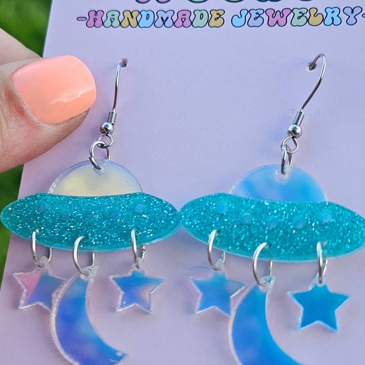 Iridescent Space Ship Earrings for wholesale by Jedi Woods LLC