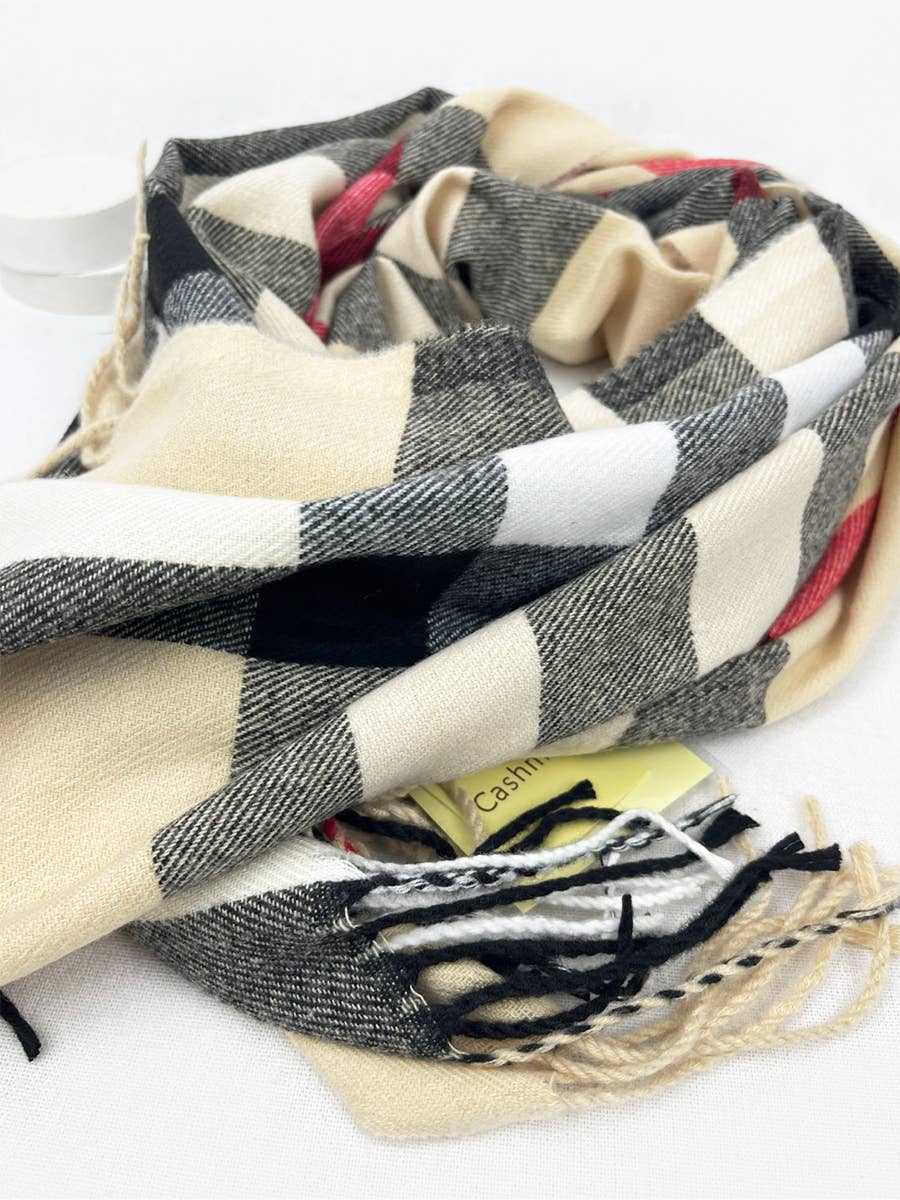 Beige Plaid Cashmere Scarf With Tassel for wholesale on Faire3