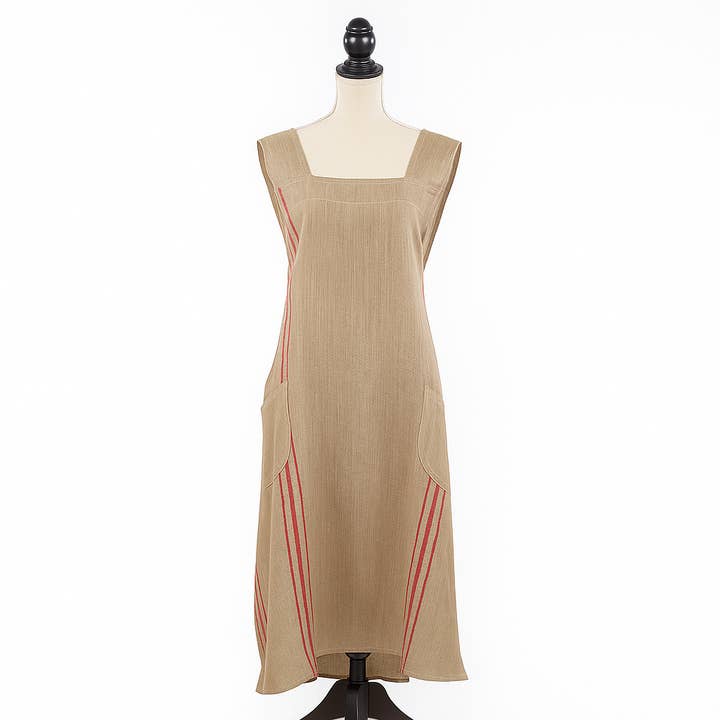 Fennco Styles - Wholesale Apron - Criss-Cross Back Red Striped Pure Linen Natural Apron1