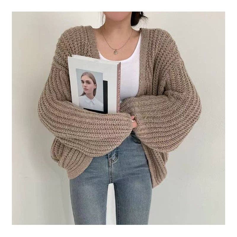 OceanusSwim - Wholesale Cardigan - Women's - V-Neck Loose-Fit Casual Solid Color Lantern Sleeve Knit Cardigan1