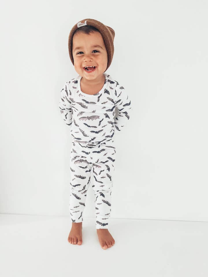 Organic Cotton Baby / Toddler Pajamas in Halloween Bat Print for wholesale by Gaia Baby Goods