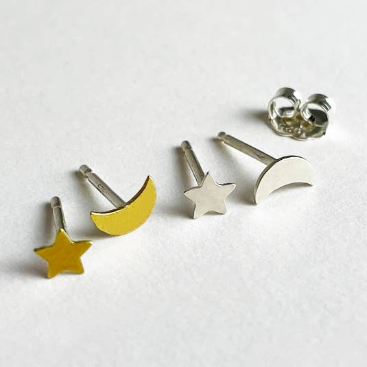 Tiny Star and Crescent Studs for wholesale by Parallel Jewelry
