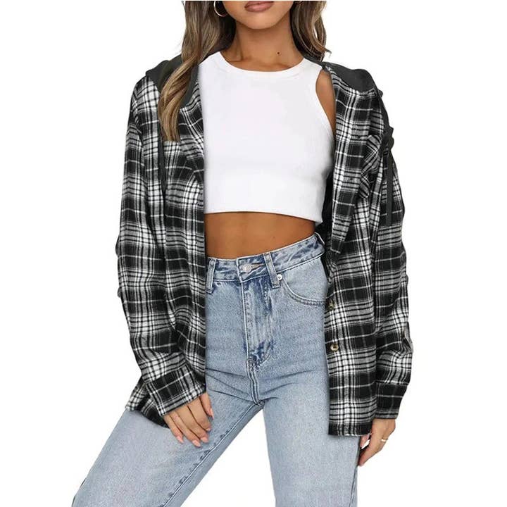 Suhkasana - Wholesale Shirt Jacket/Shacket - Women’s - Hooded Plaid Button-Up Jacket - Casual Oversized Shacket