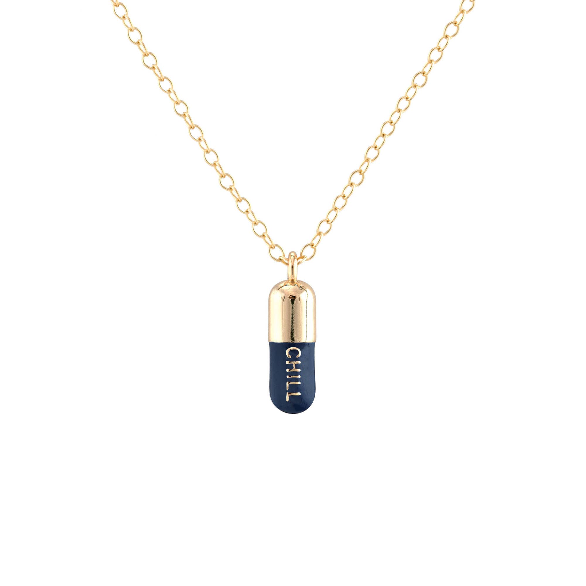 Kris Nations - Vente Colliers à pendentif - Collier Chill Pill en émail avec charme en vermeil 18 carats, argent sterling, chaîne en or rempli ou argent sterling, longueur réglable 16-18 pouces (40,6-45,7 cm), sans nickel, expédié de Californie17