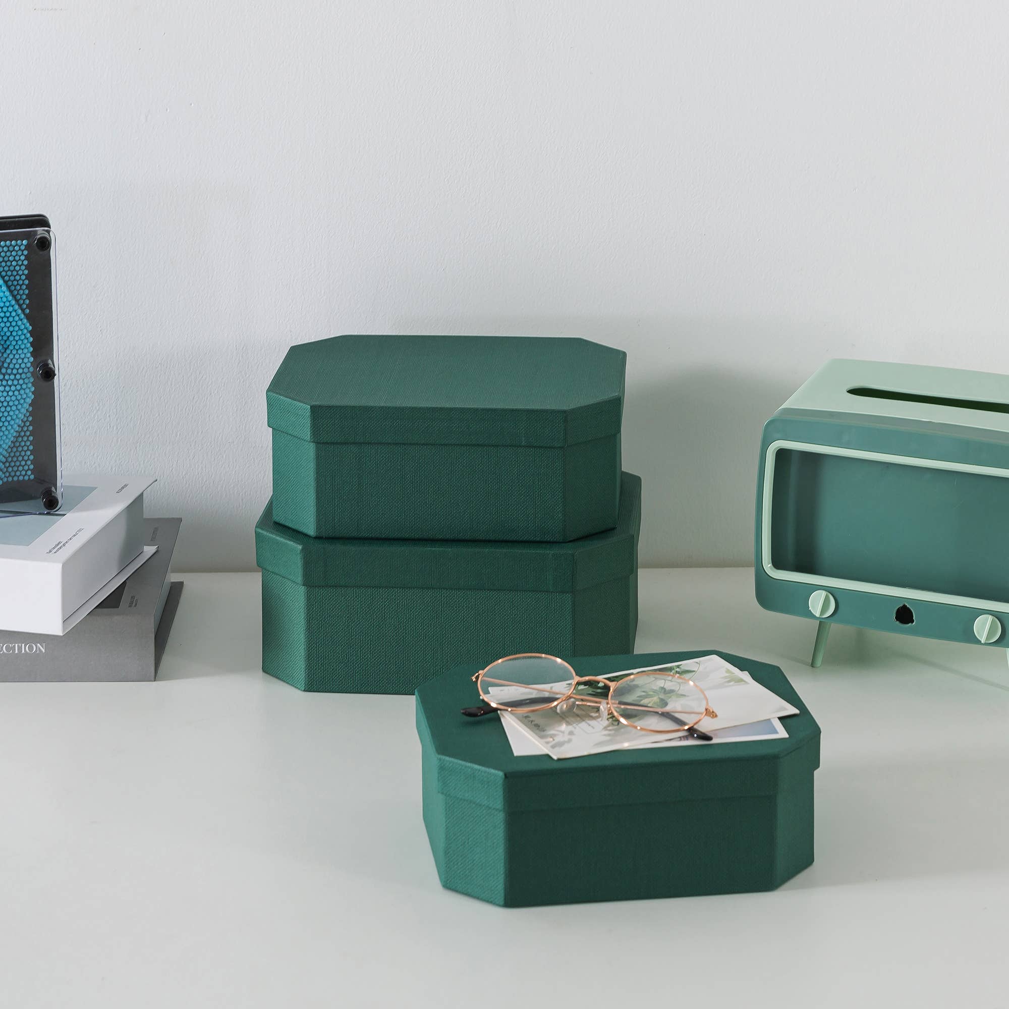 Soul & Lane - Wholesale Decorative Box - Set of 3 Forest Green Octagon Textured Decorative Boxes2