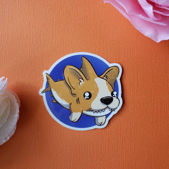 Cork Sticker (shark + corgi) for wholesale by Meg's Mashables