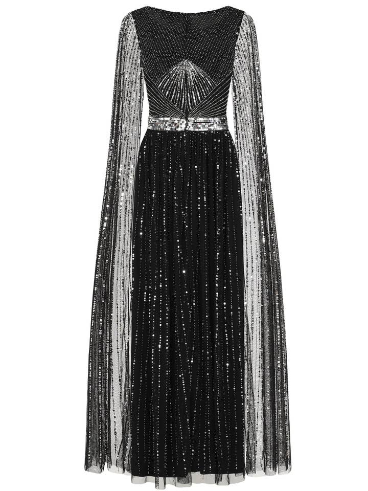 Ula Black Embellished Cape Sleeve Maxi Dress for wholesale on Faire
