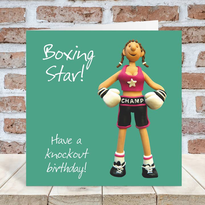 Female boxing birthday card by Erica Sturla for wholesale by Inky Blue Ltd t/a Holy Mackerel