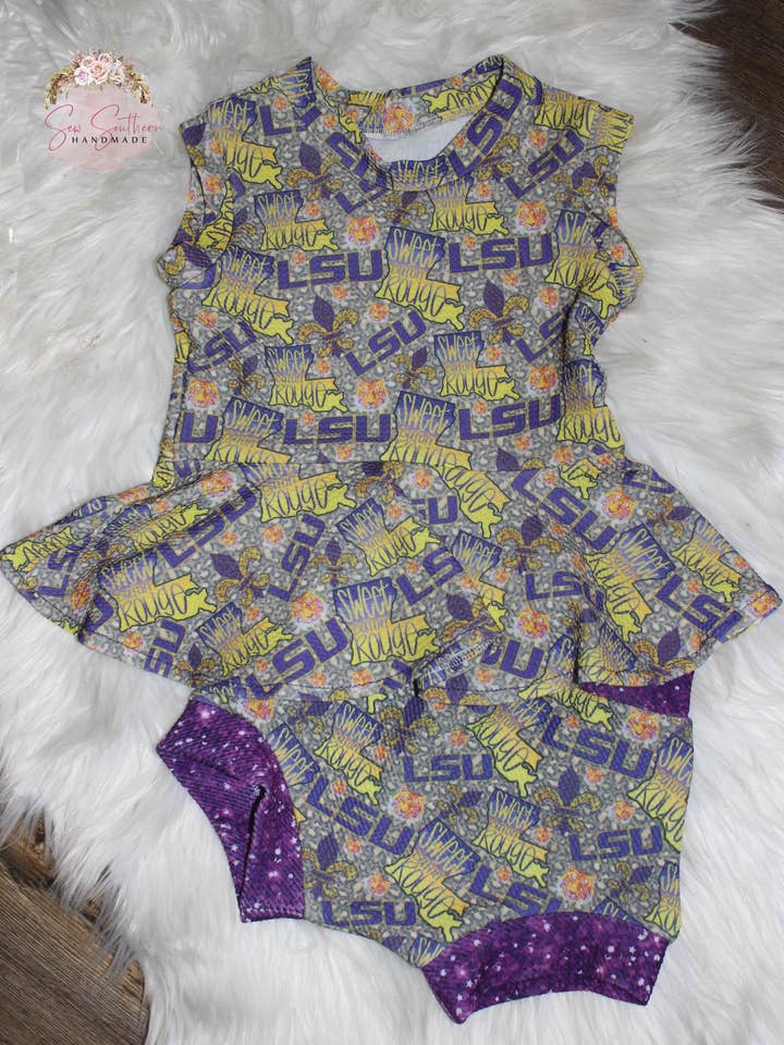 LSU Tigers Peplum and Bummie Outfit for wholesale by Sew Southern Kids Couture