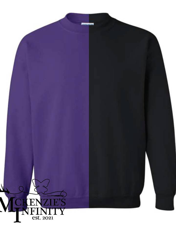 McKenzie’s Infinity LLC - Wholesale Sweatshirt – Unisex - Black & Purple Split Colored, Two-Toned, Crewneck0