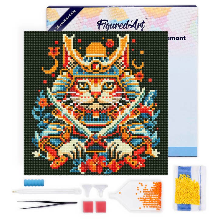 Mini Diamond Painting 25x25cm - Samurai Cat - Framed canvas for wholesale by Figured'Art (UK)