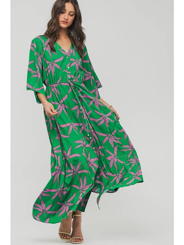 Urban Daizy - Wholesale Dress - Women's - Romantic Palm Print V Neck Tie Waist Maxi Dress