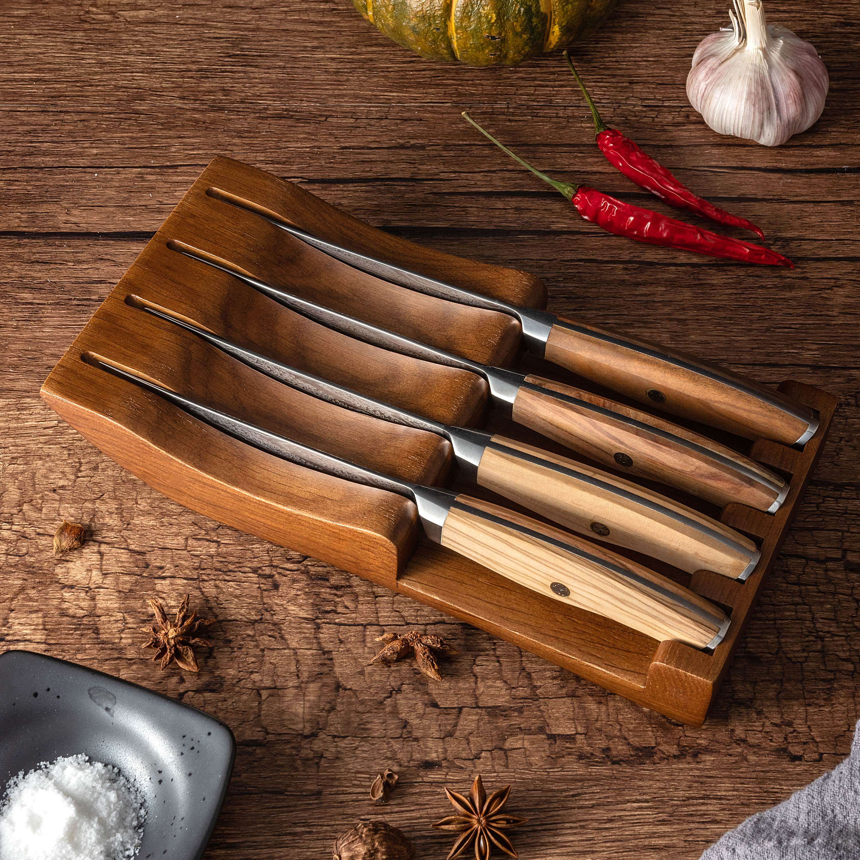 Ginza Steel - Wholesale Knife Set - Ginza Steel AMELIA Five – 4-Piece VG10 Damascus Steel Steak Knife Set with Wood Block6