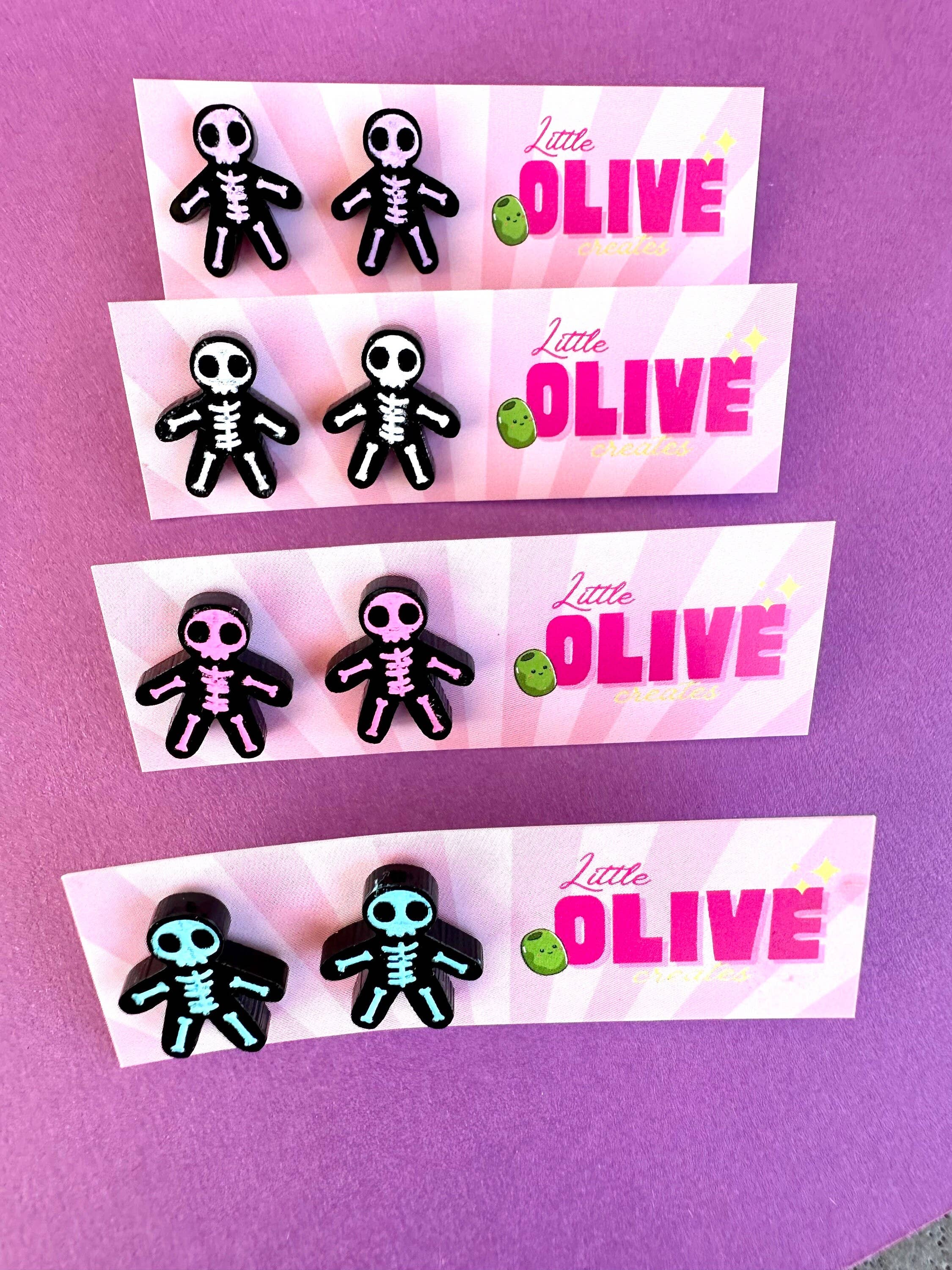 Little Olive Creates - Wholesale Stud/post earrings - Hand-Coloured Skeleton Stud Earrings for Halloween1