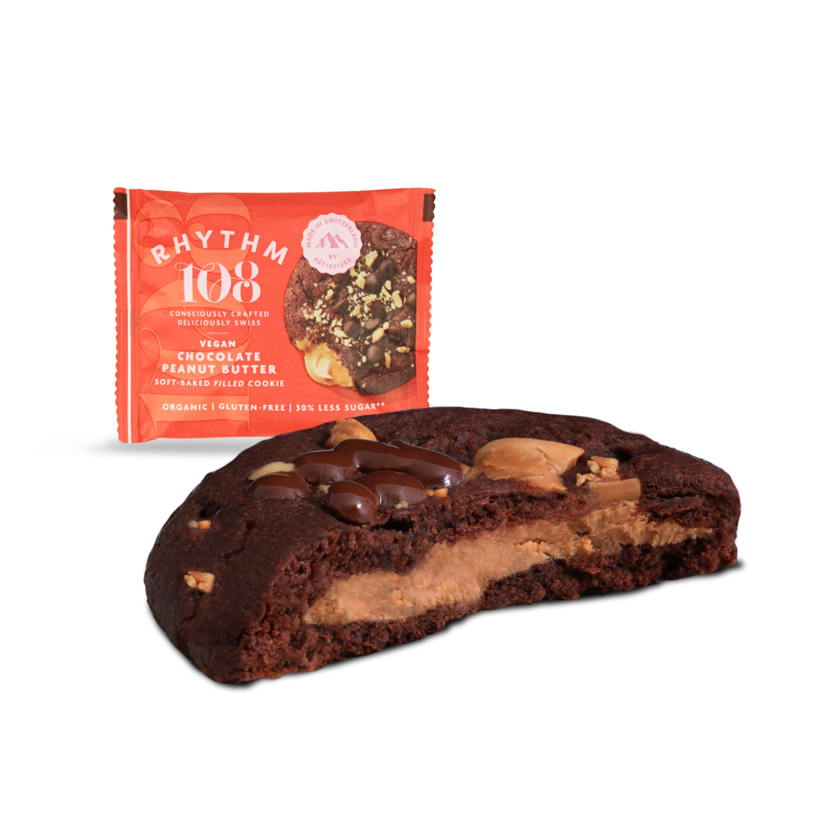 Rhythm108 – Großhandel Cookie – Veganer Schokoladen-Erdnussbutter-Keks mit weichem Kern, 50 g1