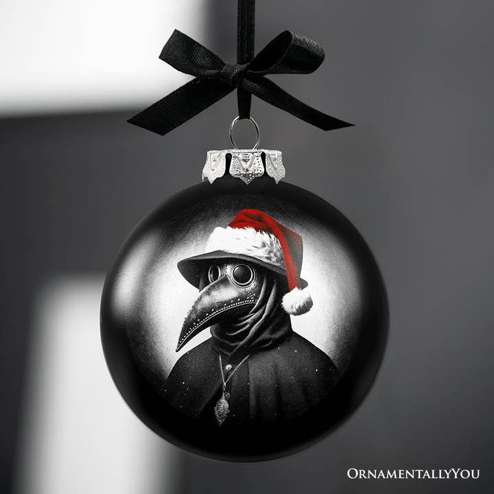OrnamentallyYou - Vente Objets de décoration - Décoration en verre avec portrait effrayant de Noël de Plague Doctor2