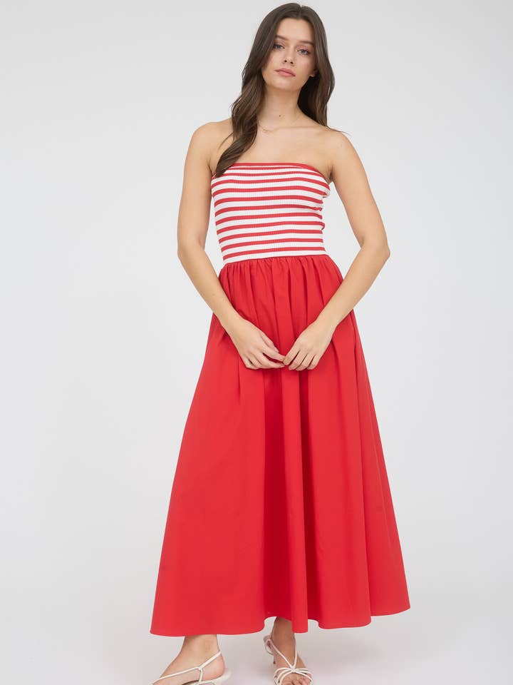 Blu Pepper - Wholesale Dress - Women's - STRIPE KNIT TOP WOVEN SKIRT MIX MEDIA MIDI DRESS