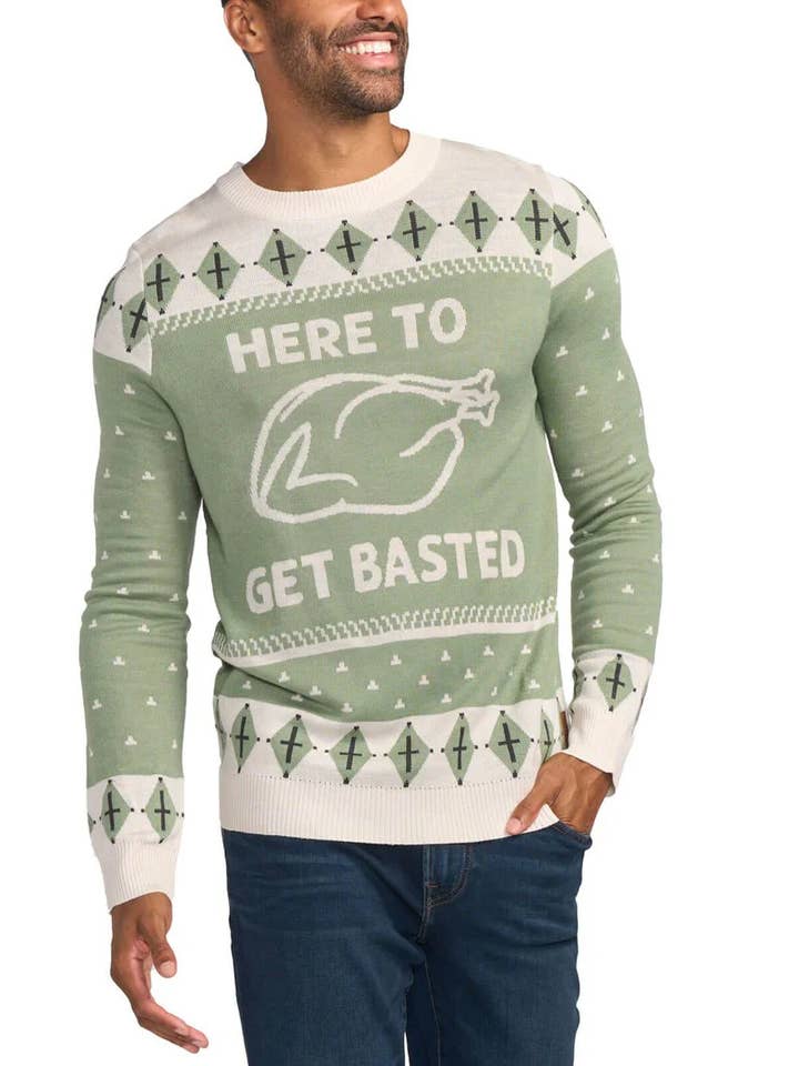 Here to Get Basted Sweater - Men's Funny Thanksgiving Shirt for wholesale by Tipsy Elves
