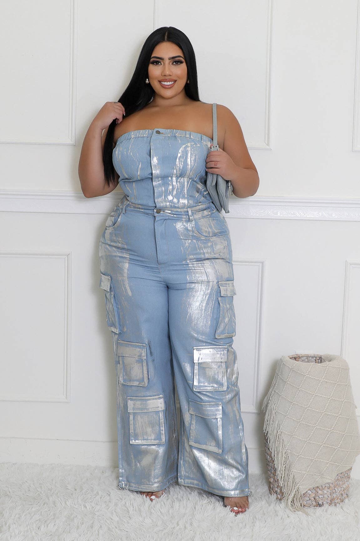 5besties inc – wholesale Jumpsuit – Women's – FOIL PRINT DENIM STRAPLESS JUMPSUITS9