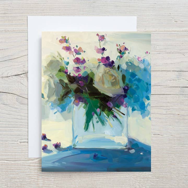 Carte-note F101 Roses Blanches+Hortensias Bleu+Enveloppe pour la vente par Amy Brnger Art and Paperworks