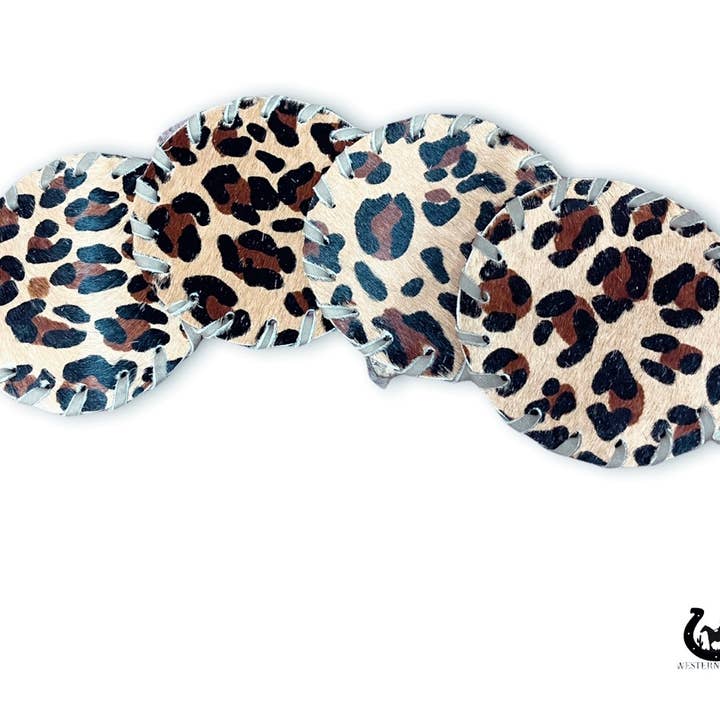 Western Linens – Base de copos por atacado – Porta-copos de couro Leopard - conjunto de 4 peças